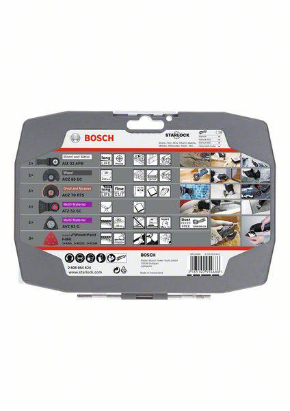 Boîte grise contenant des accessoires multi-outils Bosch. Au dos, informations sur les domaines d'application et la compatibilité. Comprend des images et des pictogrammes.