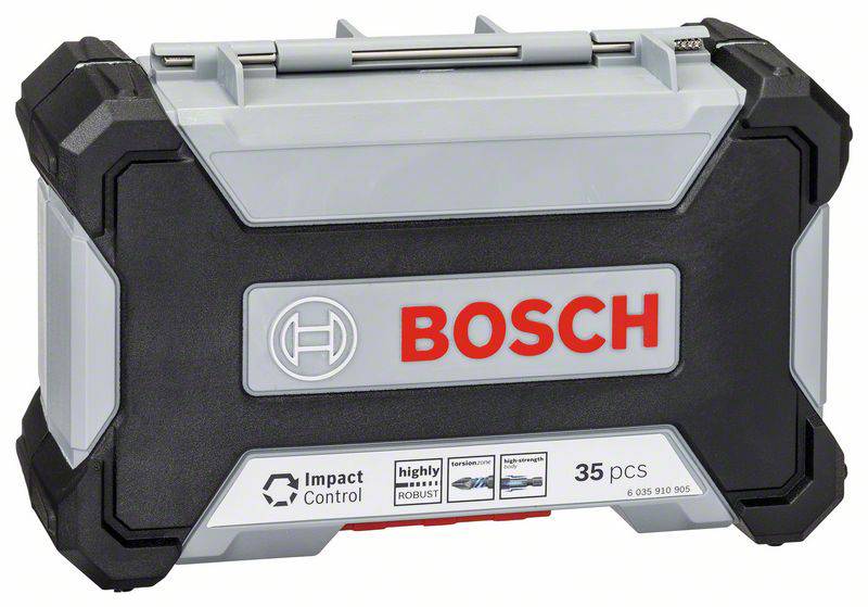 Coffret à outils Bosch noir avec couvercle gris ; inscription 'BOSCH' en rouge. Contient 35 pièces. Logos 'Impact Control' et 'Highly Robust'.