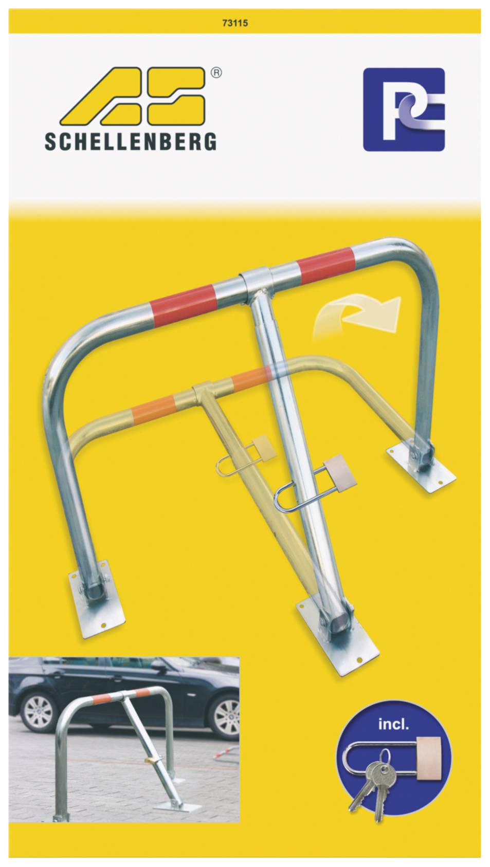 Un arceau de stationnement en métal à deux pieds, marqué en jaune et rouge, montre un cadenas. En bas à gauche est représentée une application automobile.