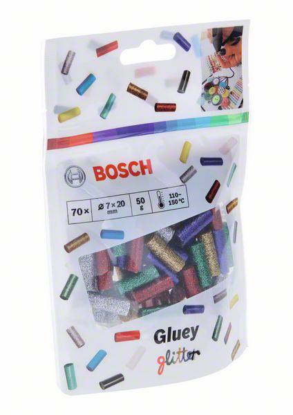 Sachet en plastique contenant 70 bâtons de colle pailletés de Bosch. Les bâtons sont illustrés dans différentes couleurs. Adaptés pour des températures de 110-150°C.