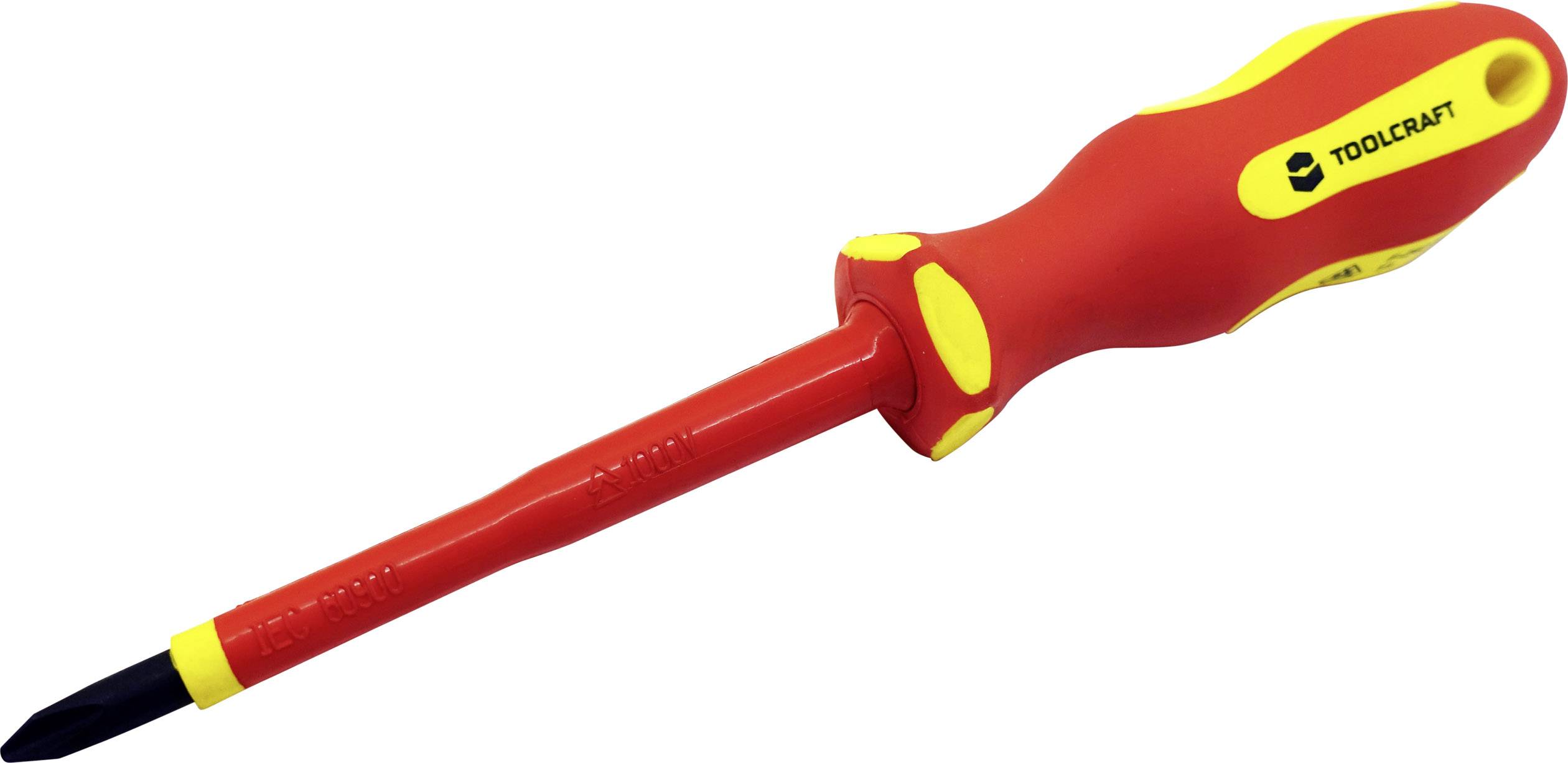 Un tournevis isolé à poignée rouge et jaune, adapté aux travaux sur des appareils électriques, portant l'inscription 'TOOLCRAFT'.