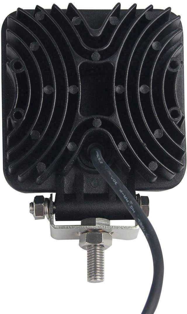 Vue arrière d'un projecteur LED carré avec ailettes de refroidissement et câble fixé.