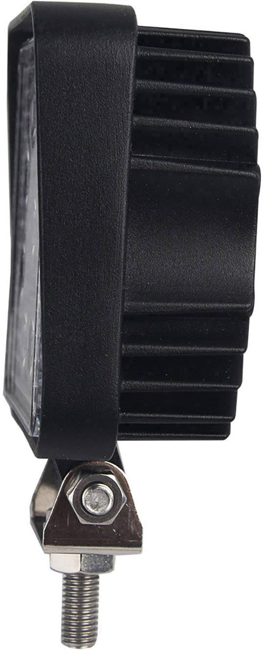 Un projecteur de travail LED rectangulaire dans un boîtier métallique noir robuste, avec vis de fixation latérale, vue de côté.