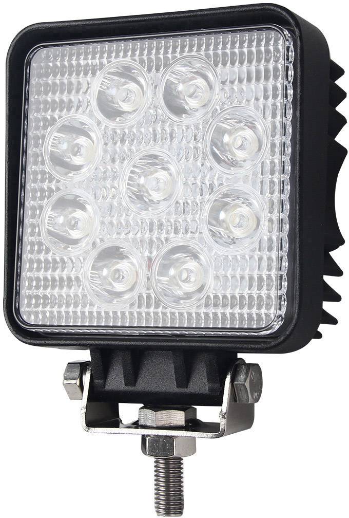 Lampe de travail LED carrée avec neuf diodes individuelles, cadre noir et support réglable en bas.