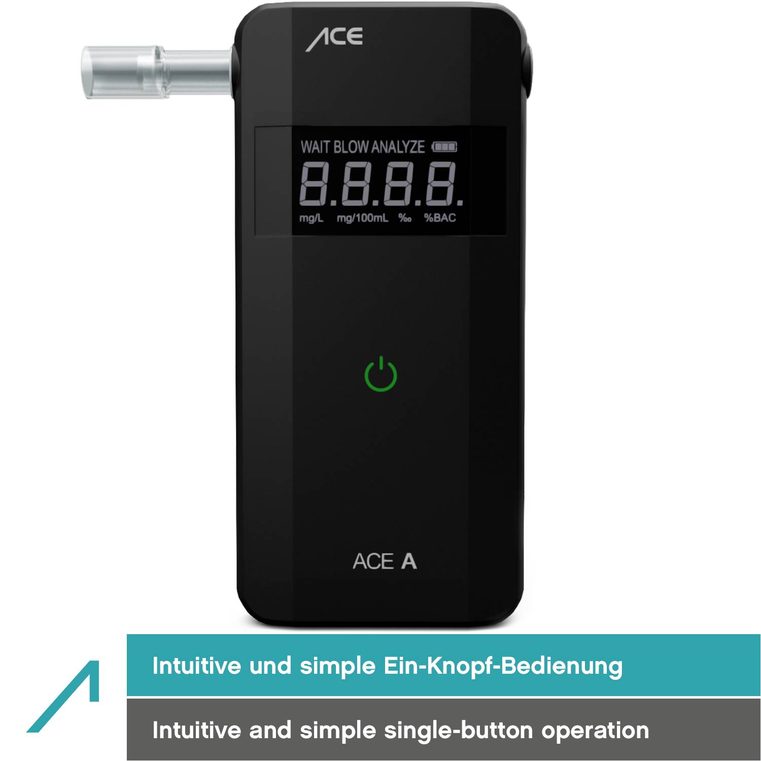 Appareil de mesure d'alcoolémie portable 'ACE A' avec affichage numérique et embout buccal, mettant en avant une utilisation intuitive à un seul bouton.