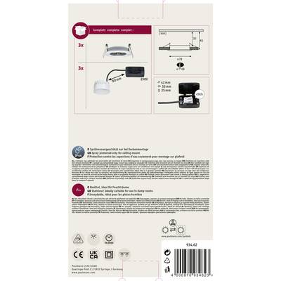 'Emballage pour ensemble de luminaires de plafond, contient 3 spots LED, connexions et détails de montage. Adapté aux espaces humides, certifié IP44.'