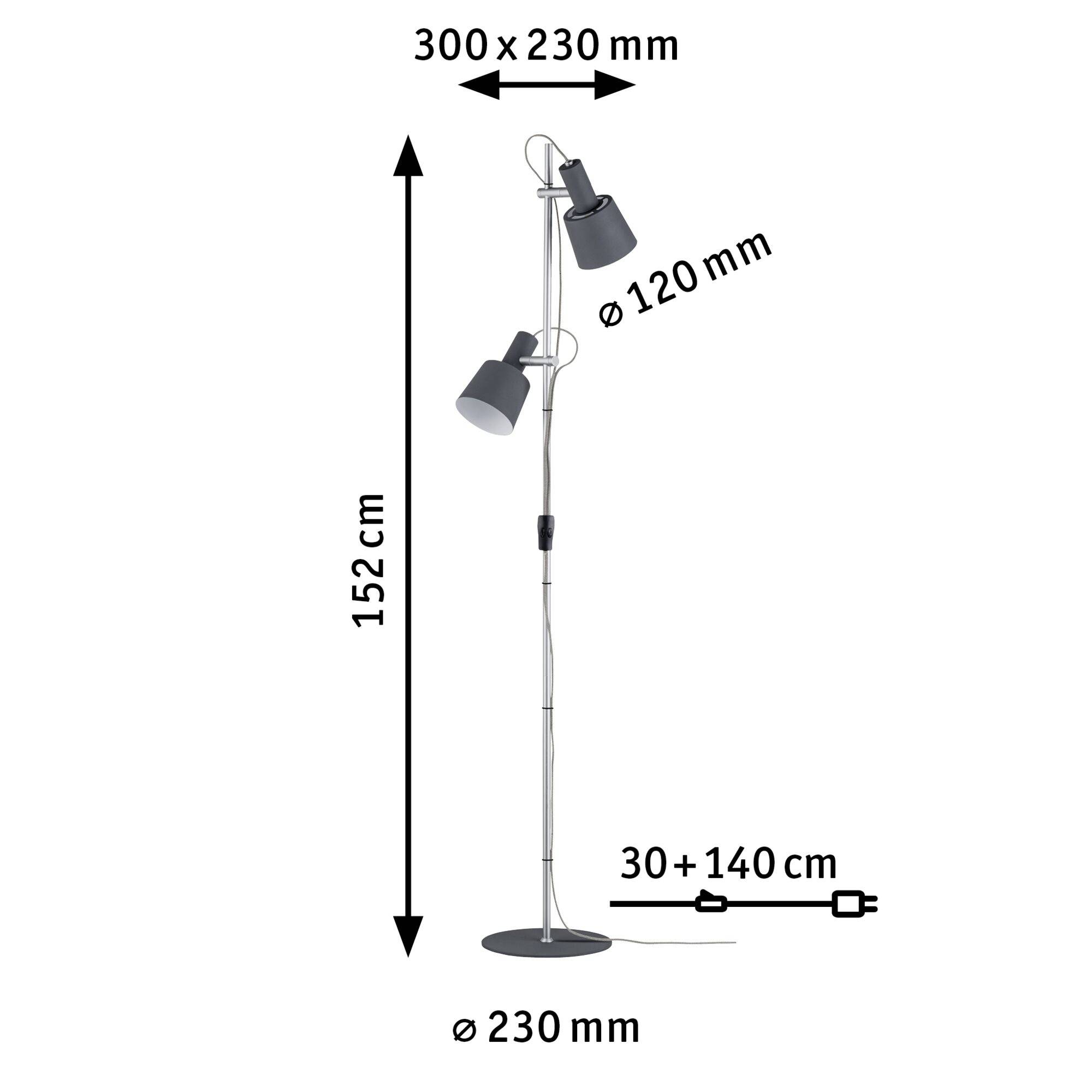 Lampadaire avec deux abat-jour réglables, hauteur 152 cm ; diamètre du socle 230 mm. Dimensions des abat-jour : Ø 120 mm.