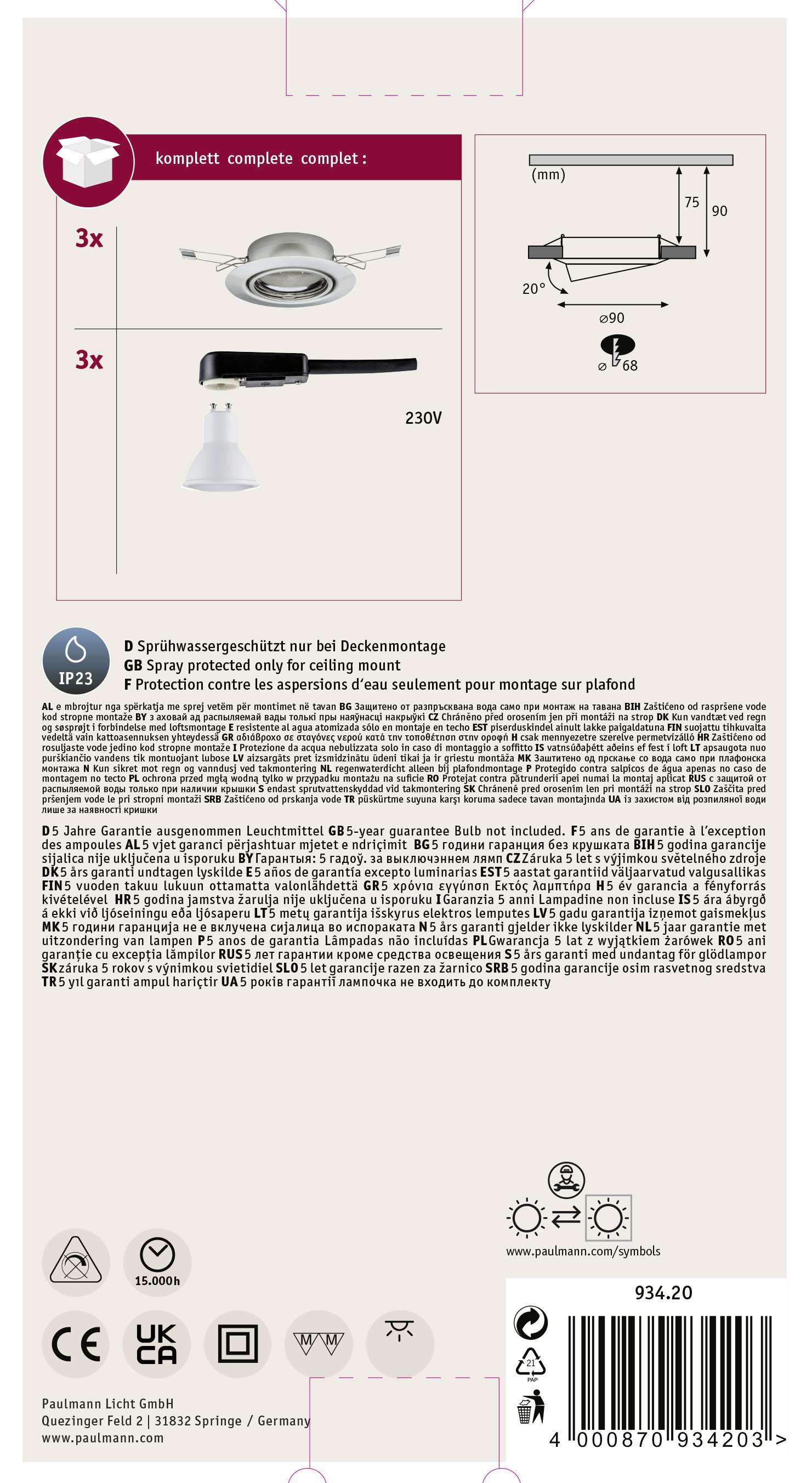 Emballage d'un luminaire de plafond avec illustration des composants et spécifications techniques. Incluant des instructions d'installation et les informations du fabricant.