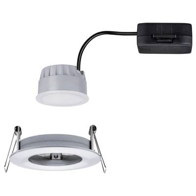 Luminaire encastrable 'Matterhorn' en blanc et noir, rond avec LED. Vue du dessus montrant le boîtier et les câbles, vue de montage inférieure avec des supports de fixation.
