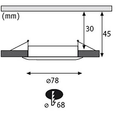 Luminaire encastré Dimensions : Diamètre 78 mm, Hauteur 45 mm, Diamètre de perçage recommandé 68 mm, Profondeur d'encastrement 30 mm.
