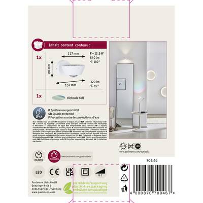 Un emballage de produit pour un luminaire LED présente des détails sur la lampe à l'aide de pictogrammes, de caractéristiques techniques et d'une photo de salon comme exemple d'application.