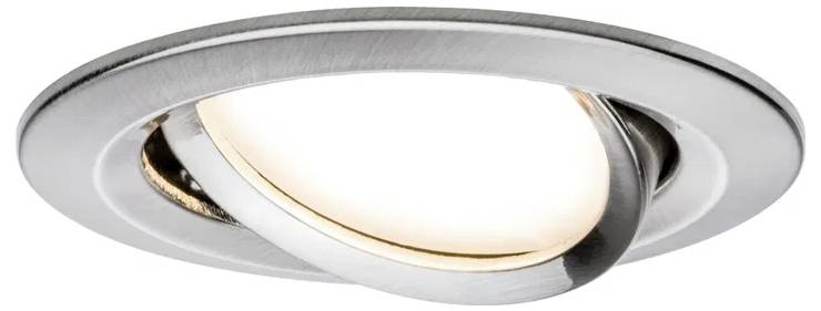 Luminaire encastrable rond pivotant en argent avec éclairage LED intégré, monté dans une ouverture de plafond.