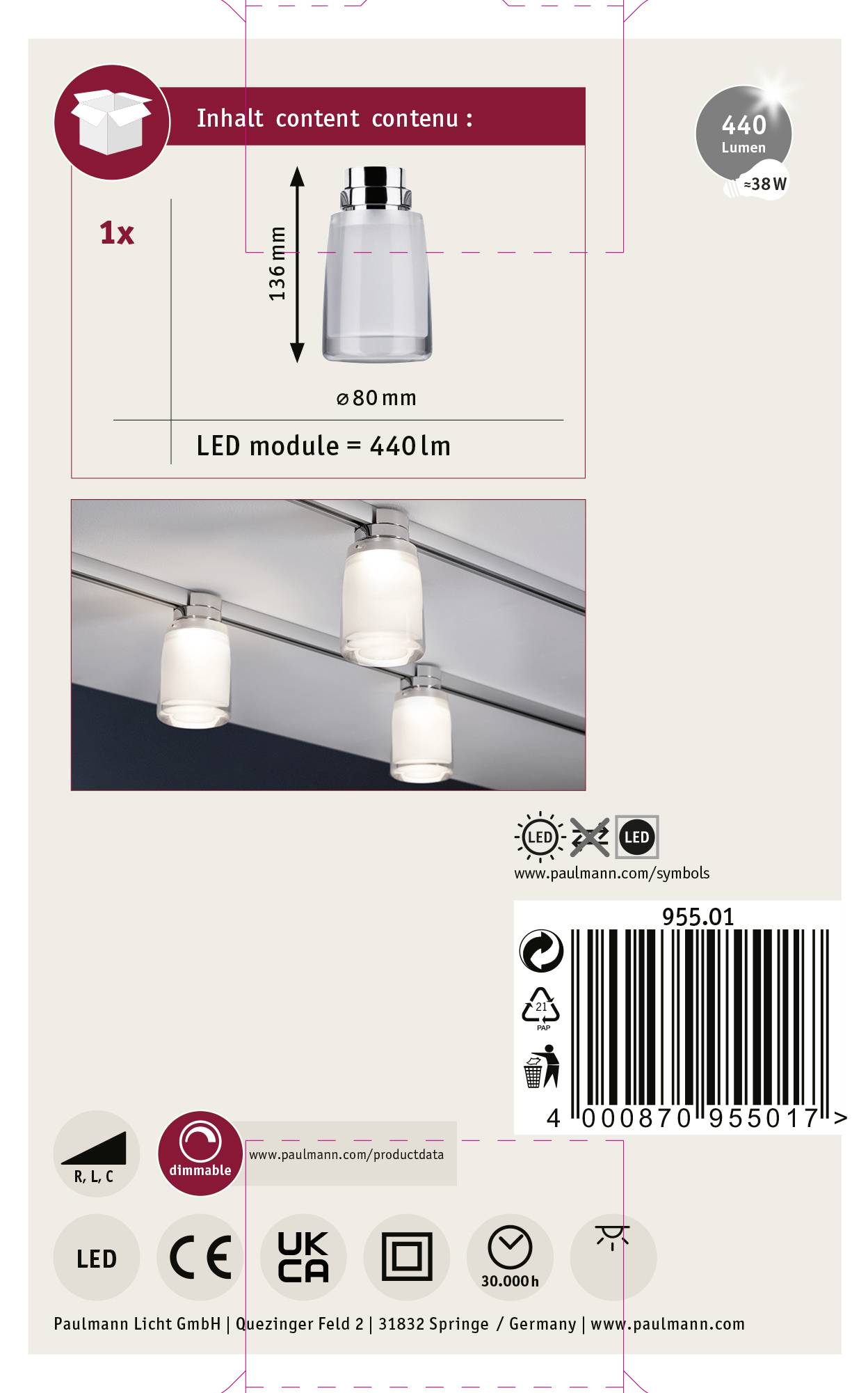 Emballage du produit montrant un module d'éclairage LED, 440 lumens, 38W. Illustration de lampes montées en dessous. Contient également des informations sur le fabricant et des codes-barres.