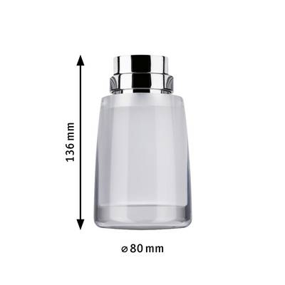 'Bouteille ovale avec couvercle argenté, hauteur 136 mm, diamètre 80 mm. Les dimensions sont représentées par des flèches dans l'illustration.'