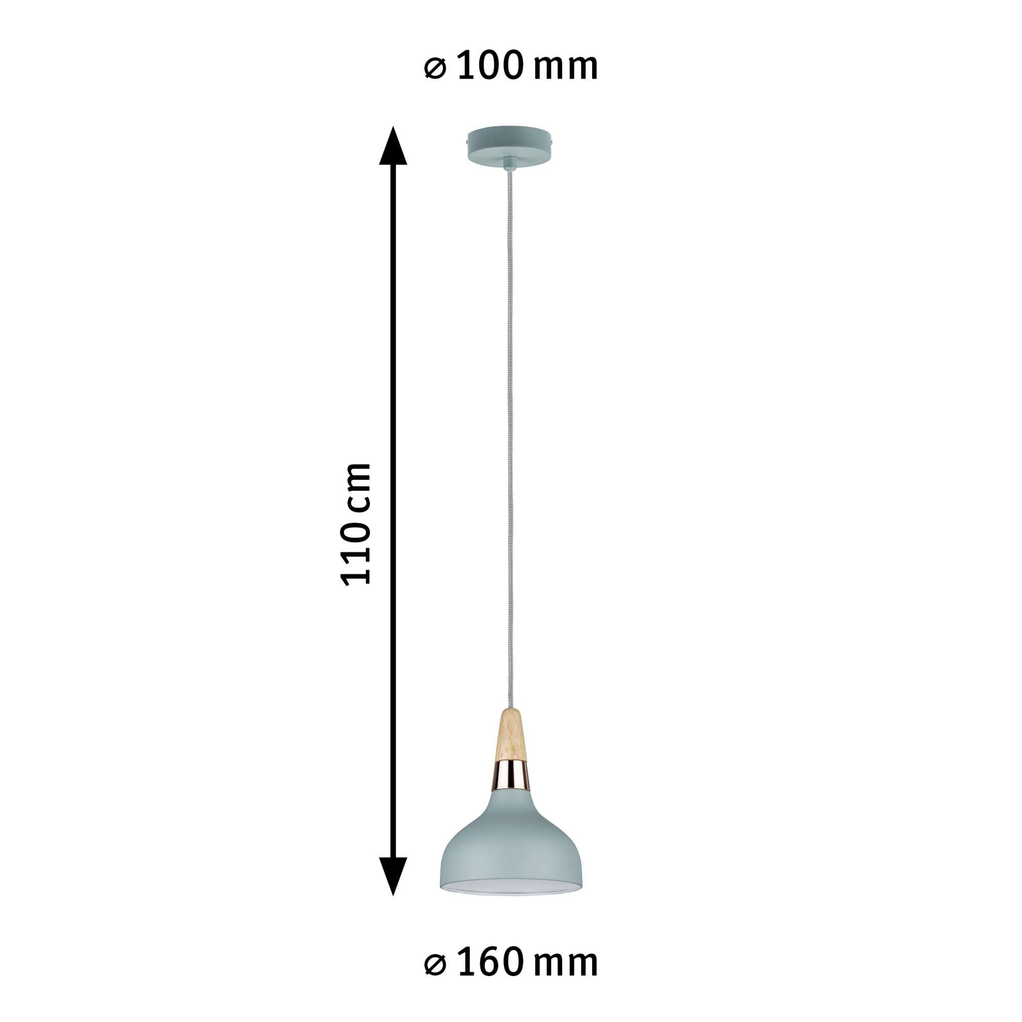 Suspension luminaire au design scandinave, longueur 110 cm, abat-jour Ø 160 mm, support de plafond Ø 100 mm, en vert pastel et aspect bois.