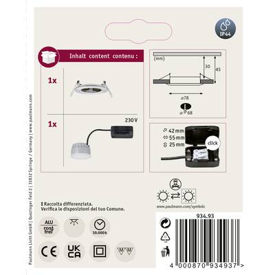 'Ensemble de spots encastrables IP44, incluant un spot, connexion 230V. Dimensions : 93 mm x 78 mm, hauteur : 42 mm. Comprend un guide de montage par clips et des symboles de sécurité.'
