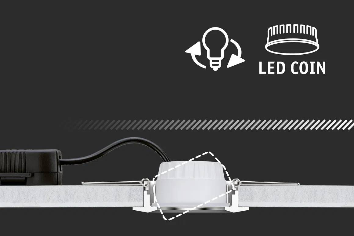'LED COIN' - Spot encastré dans le plafond, variable en intensité, affiche le symbole de commande d'éclairage. Câbles et matériel de montage visibles sur un fond gris.