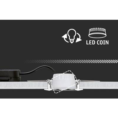'LED COIN' - Spot encastré dans le plafond, variable en intensité, affiche le symbole de commande d'éclairage. Câbles et matériel de montage visibles sur un fond gris.