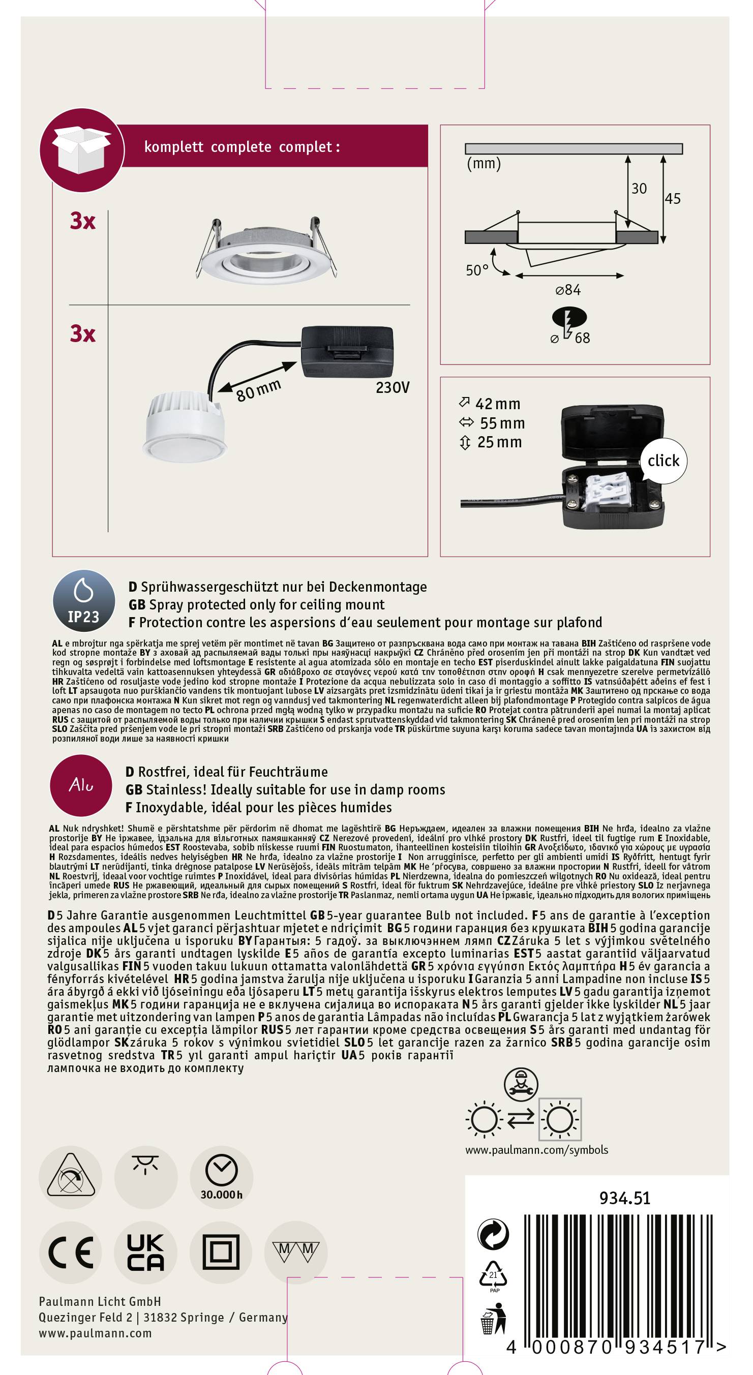 Emballage d'un spot encastrable LED. Contient un manuel de montage avec dimensions et instructions pour intérieur, tension 230V, indice de protection IP65.