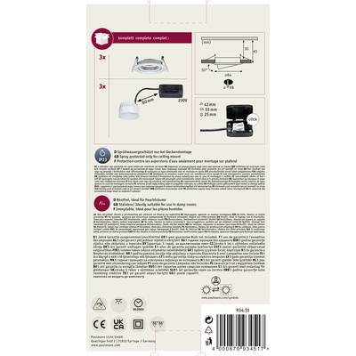 Emballage d'un spot encastrable LED. Contient un manuel de montage avec dimensions et instructions pour intérieur, tension 230V, indice de protection IP65.