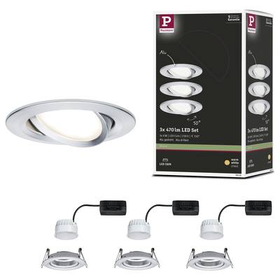 Un ensemble de trois spots encastrables LED ronds et variables en argent. Sur l'emballage, il est indiqué : '3x 470 Lm Kit LED', lumière blanc chaud.