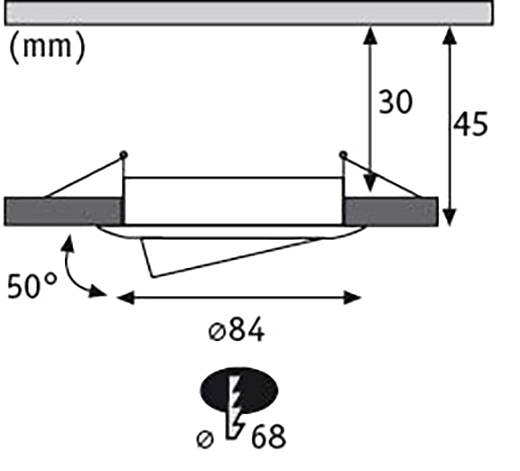 Luminaire encastré avec dimensions : hauteur 30 mm, hauteur totale 45 mm, diamètre 84 mm, diamètre de perçage 68 mm. Angle d'inclinaison 50 degrés.