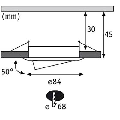 Luminaire encastré avec dimensions : hauteur 30 mm, hauteur totale 45 mm, diamètre 84 mm, diamètre de perçage 68 mm. Angle d'inclinaison 50 degrés.