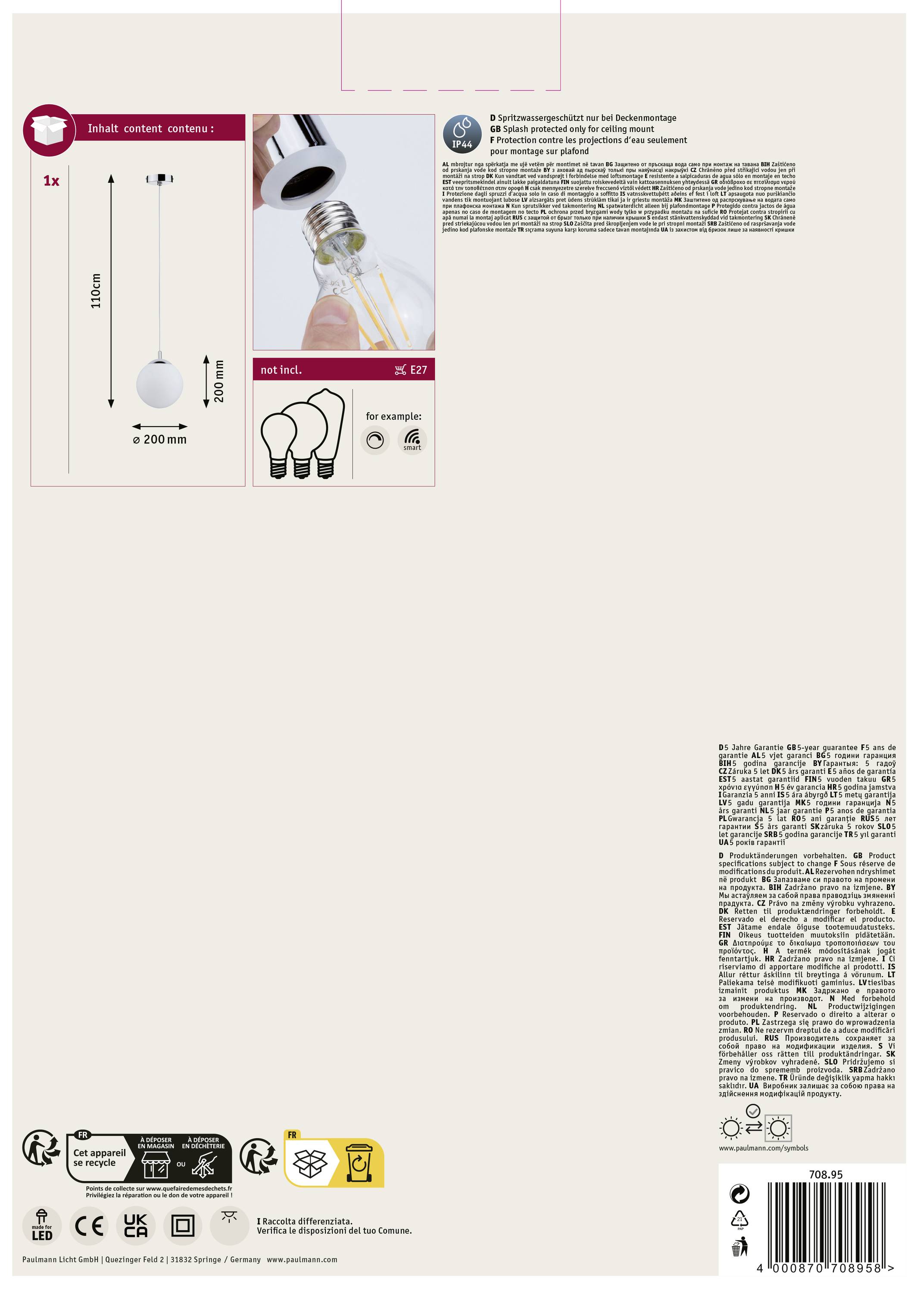 Emballage d'ampoule indique : Suspension lumineuse comprenant les accessoires, compatible avec les ampoules E27, longueur maximale de 200 mm, 5 ampoules E27 incluses.