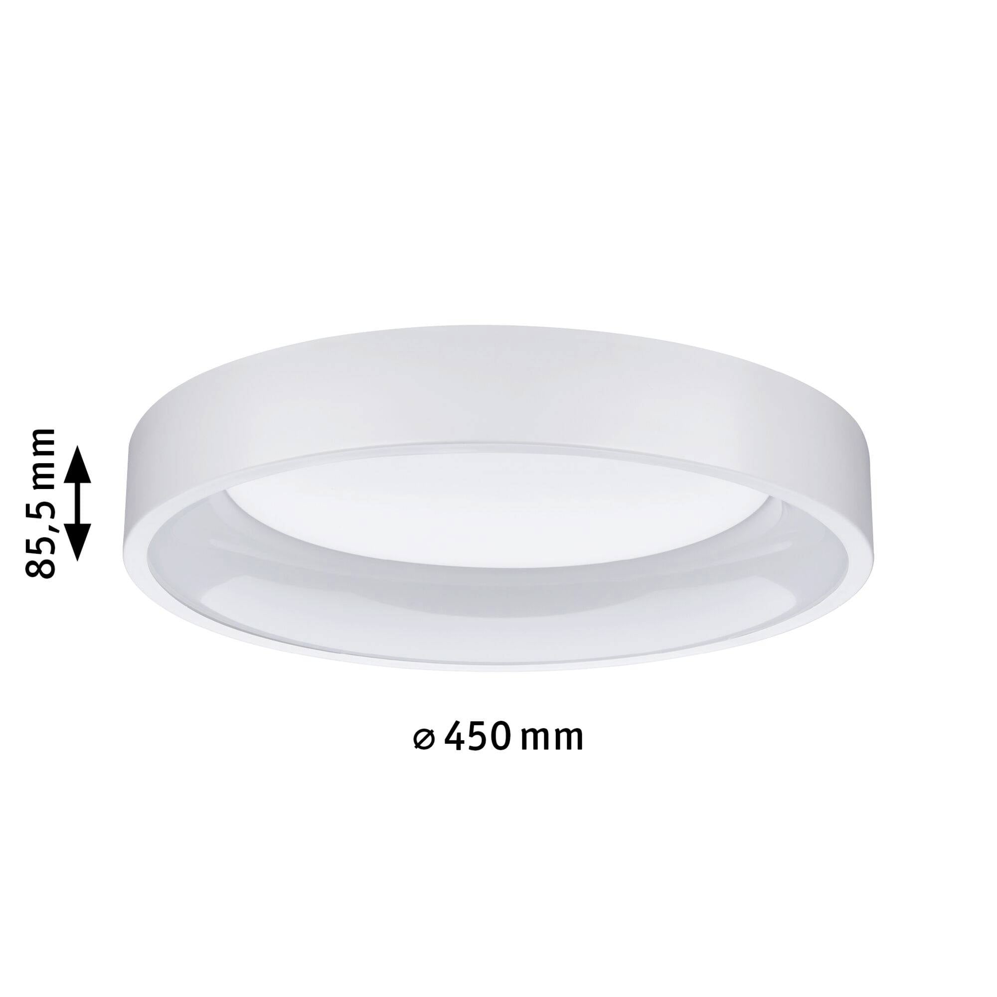 Luminaire plafonnier rond de 450 mm de diamètre et de 85,5 mm de hauteur.