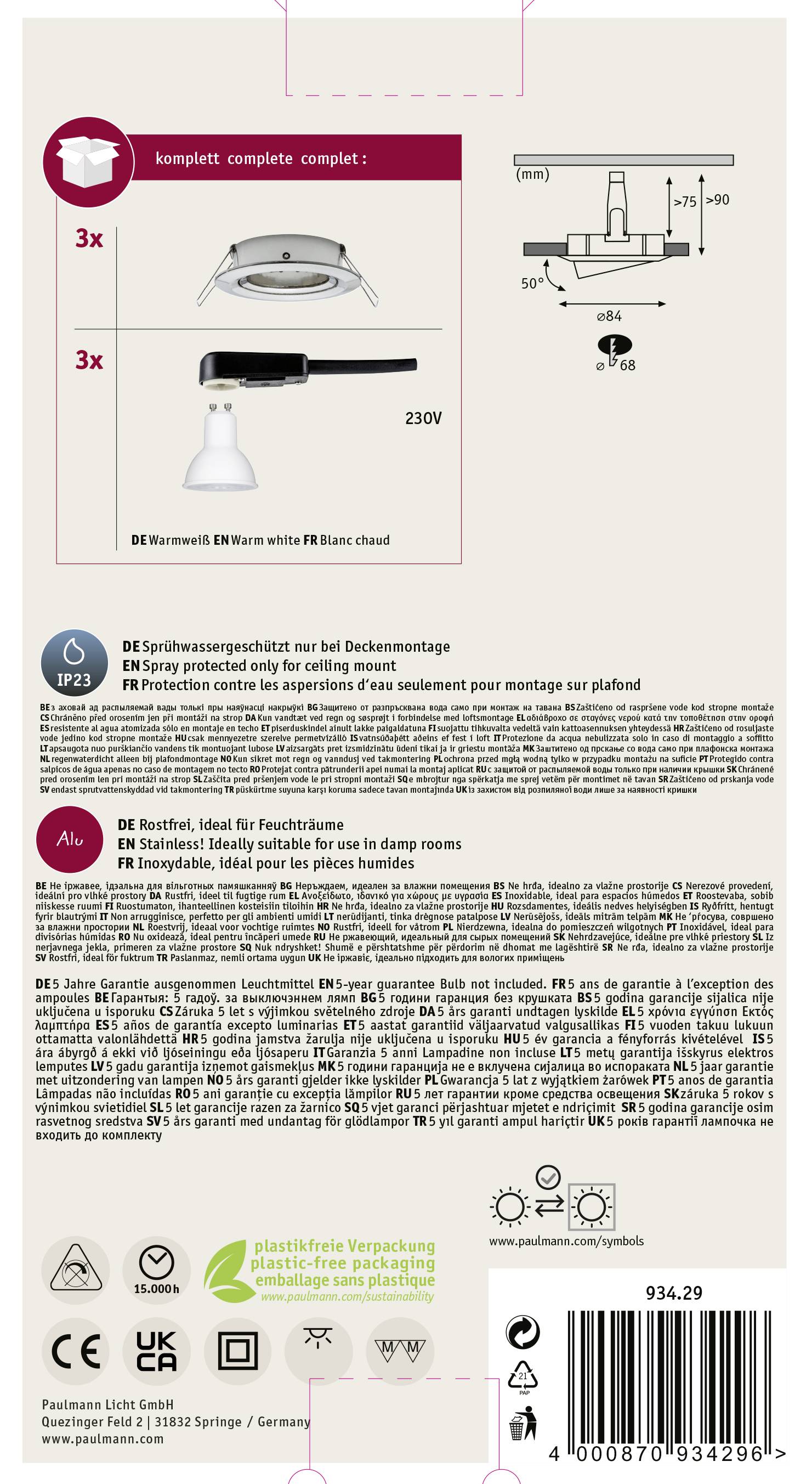 Emballage du 'Faretto Led IP23 Blanc' avec illustration du contenu, notice de montage et informations de sécurité en plusieurs langues.