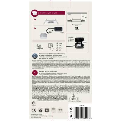 Dos de l'emballage d'une lampe LED : Contient un manuel de montage, dimensions, tension (230V), variateur en 3 étapes, indice de protection IP44. Des tableaux et symboles illustrent les applications et les spécifications.