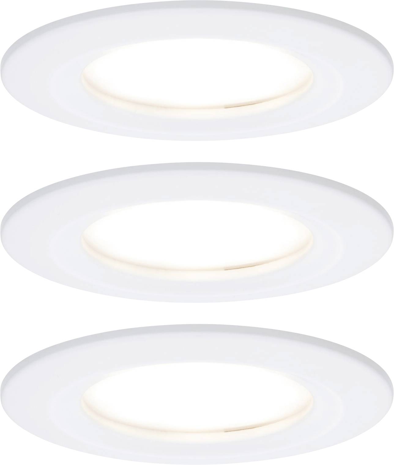 Trois spots encastrés ronds blancs avec bordure blanche et anneaux intérieurs lumineux, disposés de manière uniforme sur un fond blanc.