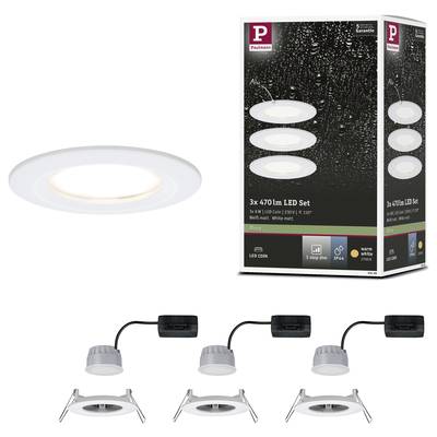 Ensemble de spots encastrables LED plafonniers, composé de trois spots ronds blancs avec emballage de présentation. Adapté pour un éclairage d'ambiance économe en énergie.