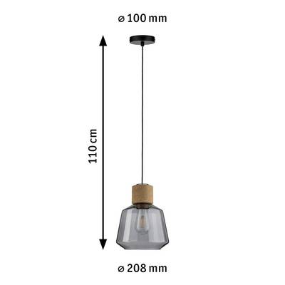 Une suspension noire avec un abat-jour en verre et liège. Hauteur : 110 cm, diamètre de l'abat-jour : 208 mm, diamètre du baldaquin : 100 mm.