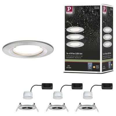 Ensemble de spots encastrables LED avec trois luminaires ronds, finition acier inoxydable. Économiques, lumière blanc chaud, 470 lumens par luminaire. IP44, variables.