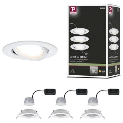 Un ensemble de trois spots encastrables LED blancs, 470 lumens par lampe, 5,2 watts, avec un design orientable. L'emballage présente les détails du produit.