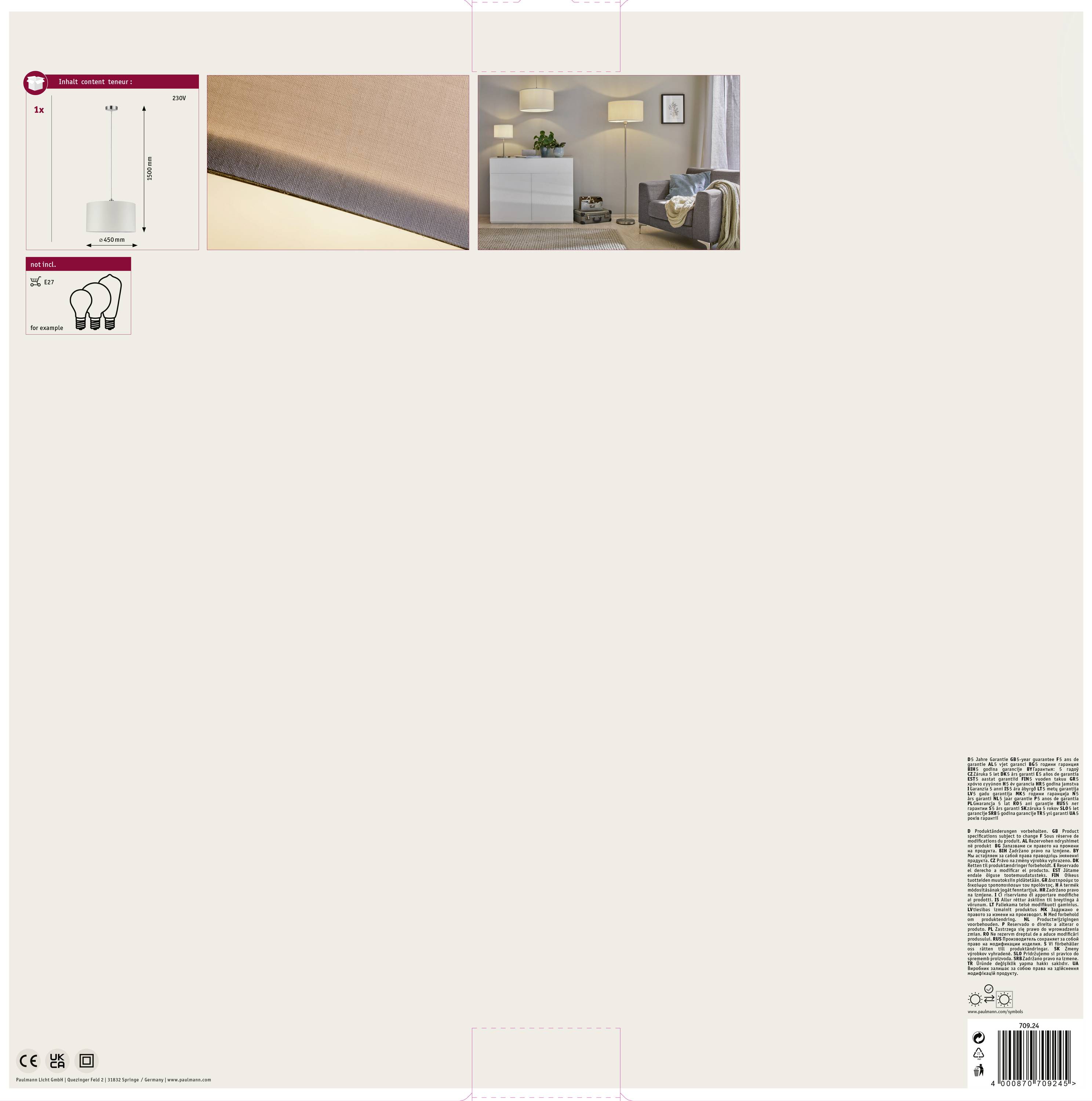 L'emballage présente une lampe avec un diagramme de dimensions, une image de la lampe dans un salon et des détails techniques au dos.