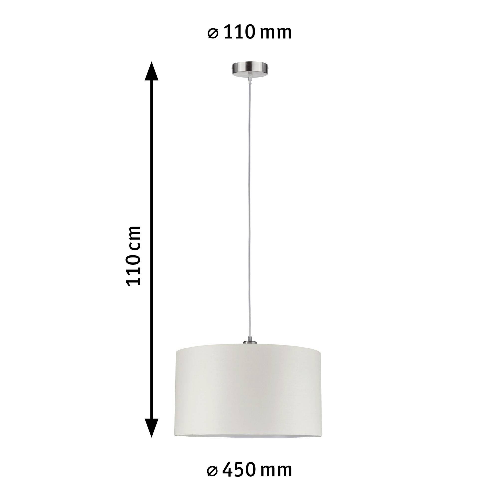 Suspension luminaire à abat-jour cylindrique, longueur totale 110 cm, fixation au plafond de 110 mm de diamètre, diamètre de l'abat-jour 450 mm.