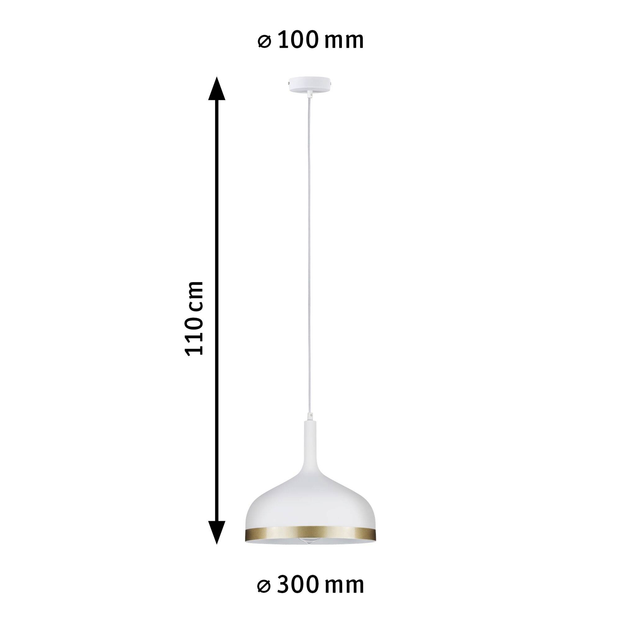 Suspension, blanche avec bord doré, câble de 110 cm, diamètre supérieur de 100 mm, diamètre inférieur de 300 mm.
