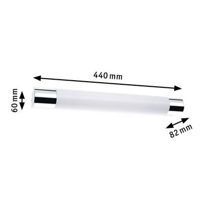 La figure présente une lampe cylindrique avec des éléments métalliques, longue de 440 mm, haute de 60 mm, profonde de 82 mm, adaptée aux intérieurs modernes.