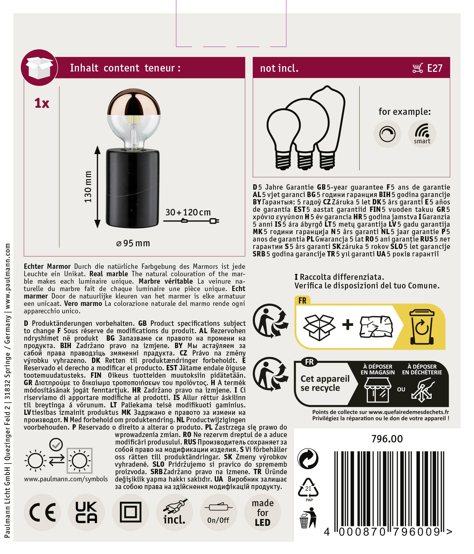 « Ampoule, culot E27, 130 mm, 95 mm, non incluse » est inscrit sur l'emballage, qui présente également des détails techniques et des informations de garantie.