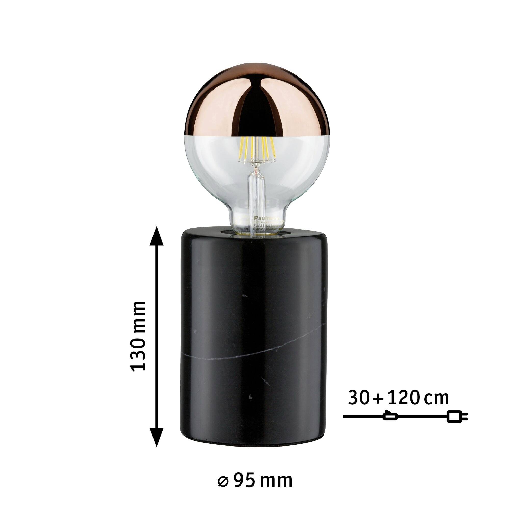 Ampoule sur un socle cylindrique noir. Hauteur 130 mm, diamètre 95 mm. Câble 30+120 cm. Ampoule cuivrée en haut.