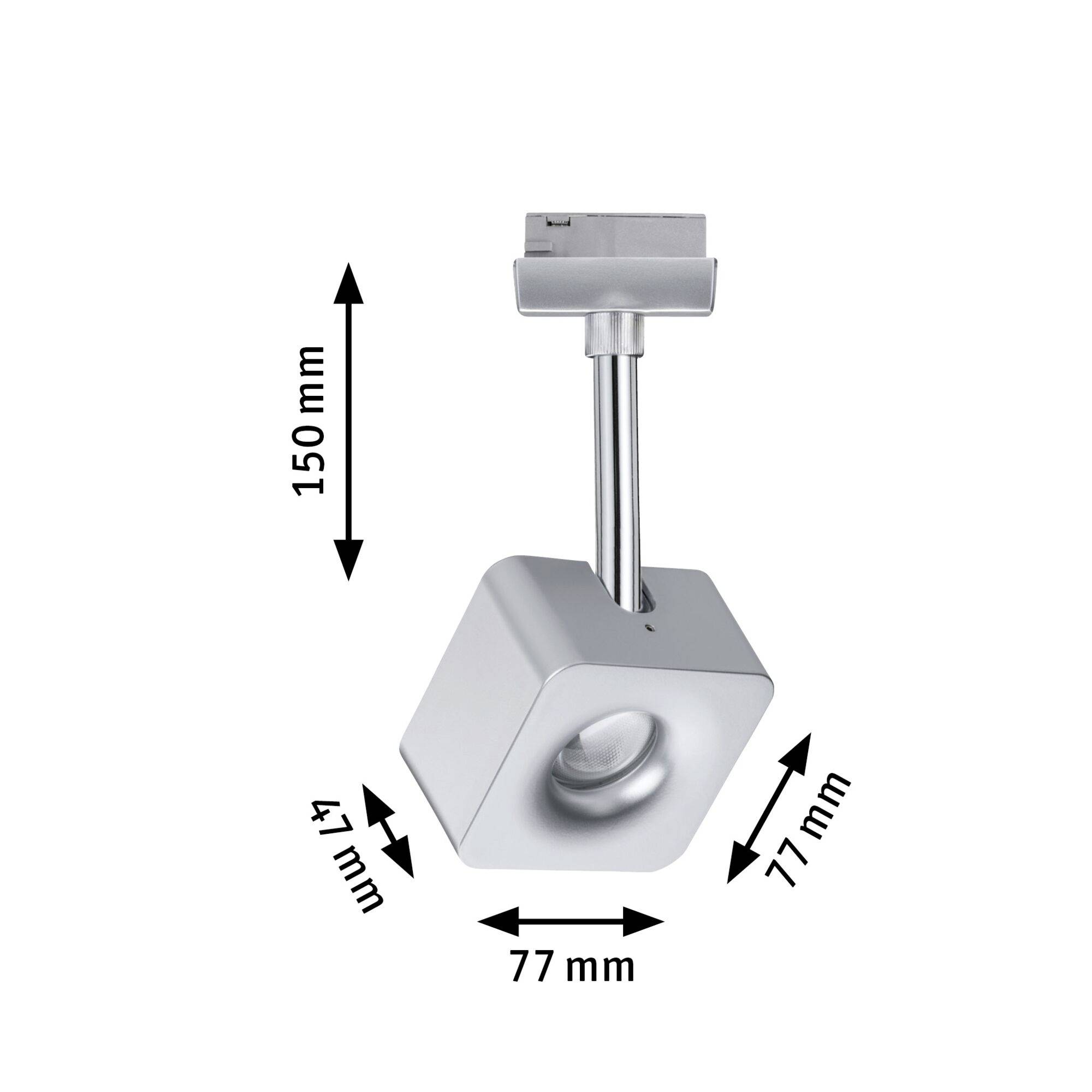 Un luminaire de plafond argenté carré, mesurant 150 mm de hauteur, 77 mm de largeur et 41 mm de profondeur.