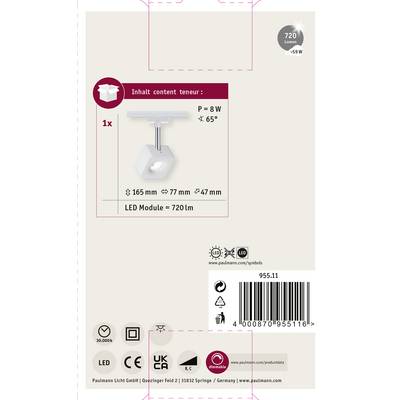 Paulmann Plafonnier, 720 lumens, 8W, 165x77x47 mm. Module LED 720 lm. Contient des symboles de sécurité énergétique et de sécurité du produit.
