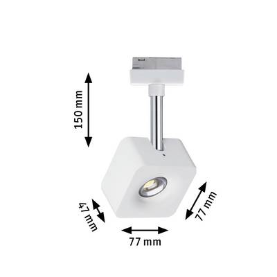 Applique de plafond LED blanche avec projecteur orientable, hauteur 150 mm, largeur 77 mm, profondeur 41 mm.