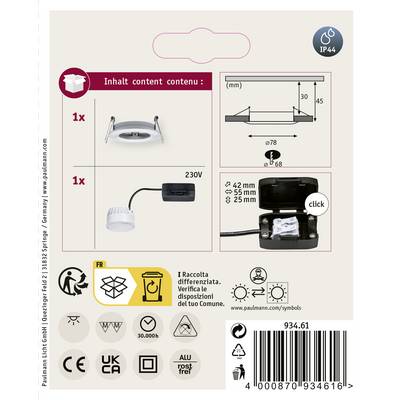 'Spot encastrable LED 230V, Ø78 mm, IP44, orientable. Comprend bloc d'alimentation avec câble (25 mm). Adapté aux locaux humides. Contient 1x spot LED, notice de montage.'