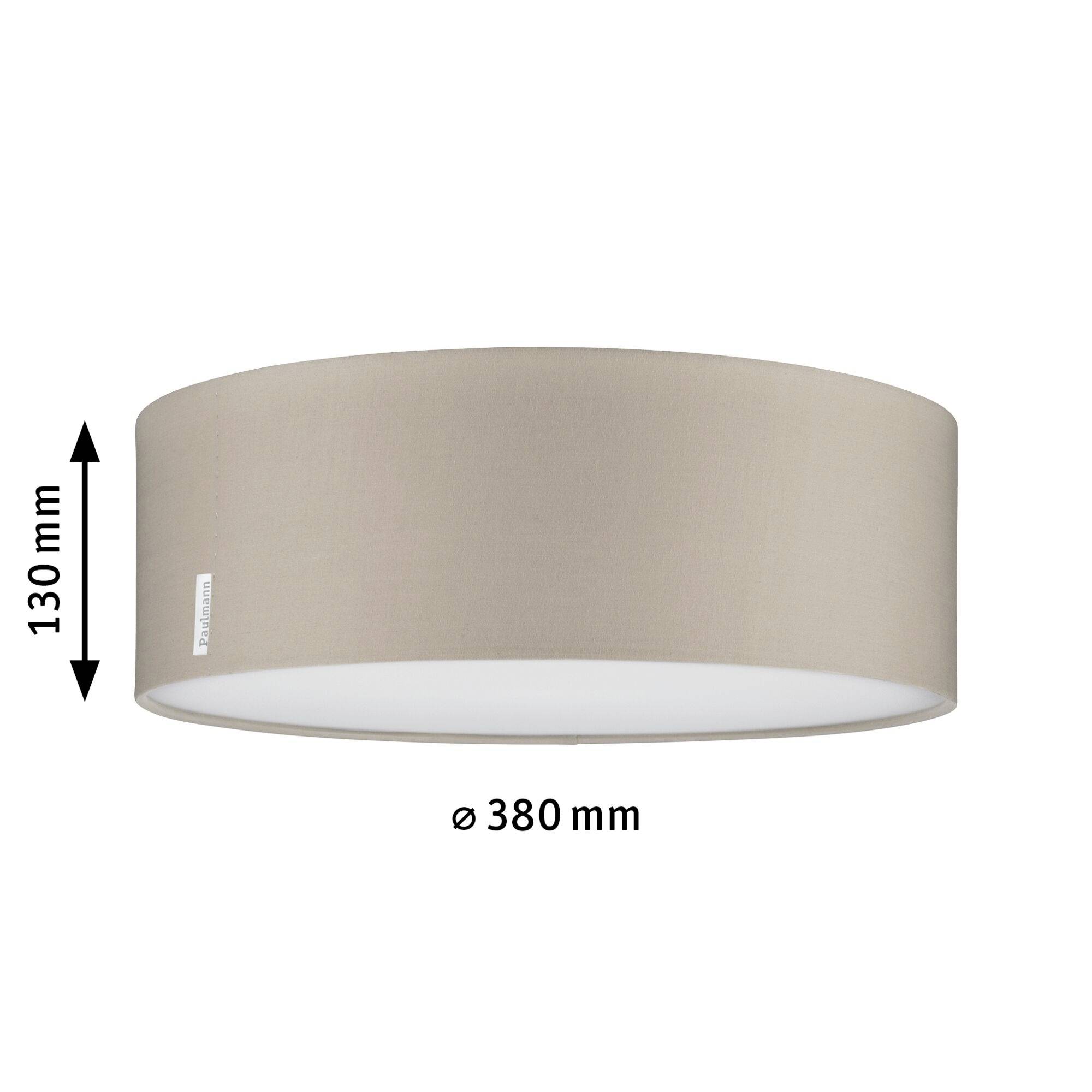 Un luminaire de plafond rond de 380 mm de diamètre et de 130 mm de hauteur, avec un abat-jour de couleur beige.
