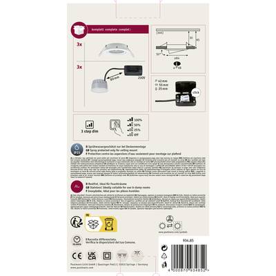 Verso de l'emballage du produit avec instructions d'installation. Présente les composants, les dimensions, les informations de sécurité et les instructions de montage.