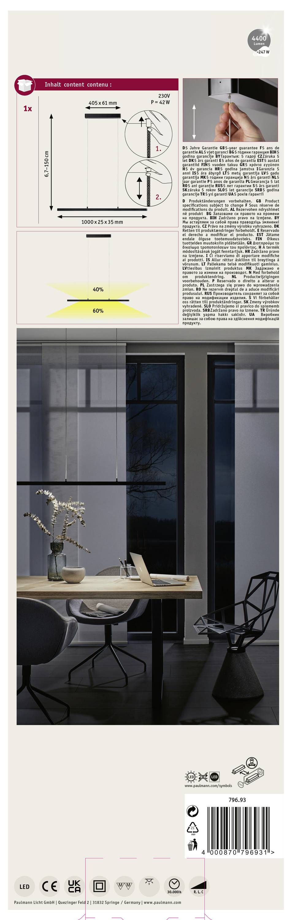 Verso de l'emballage d'un plafonnier LED. En haut, dessin technique et dimensions, à droite, installation, en bas, application dans une salle à manger moderne.