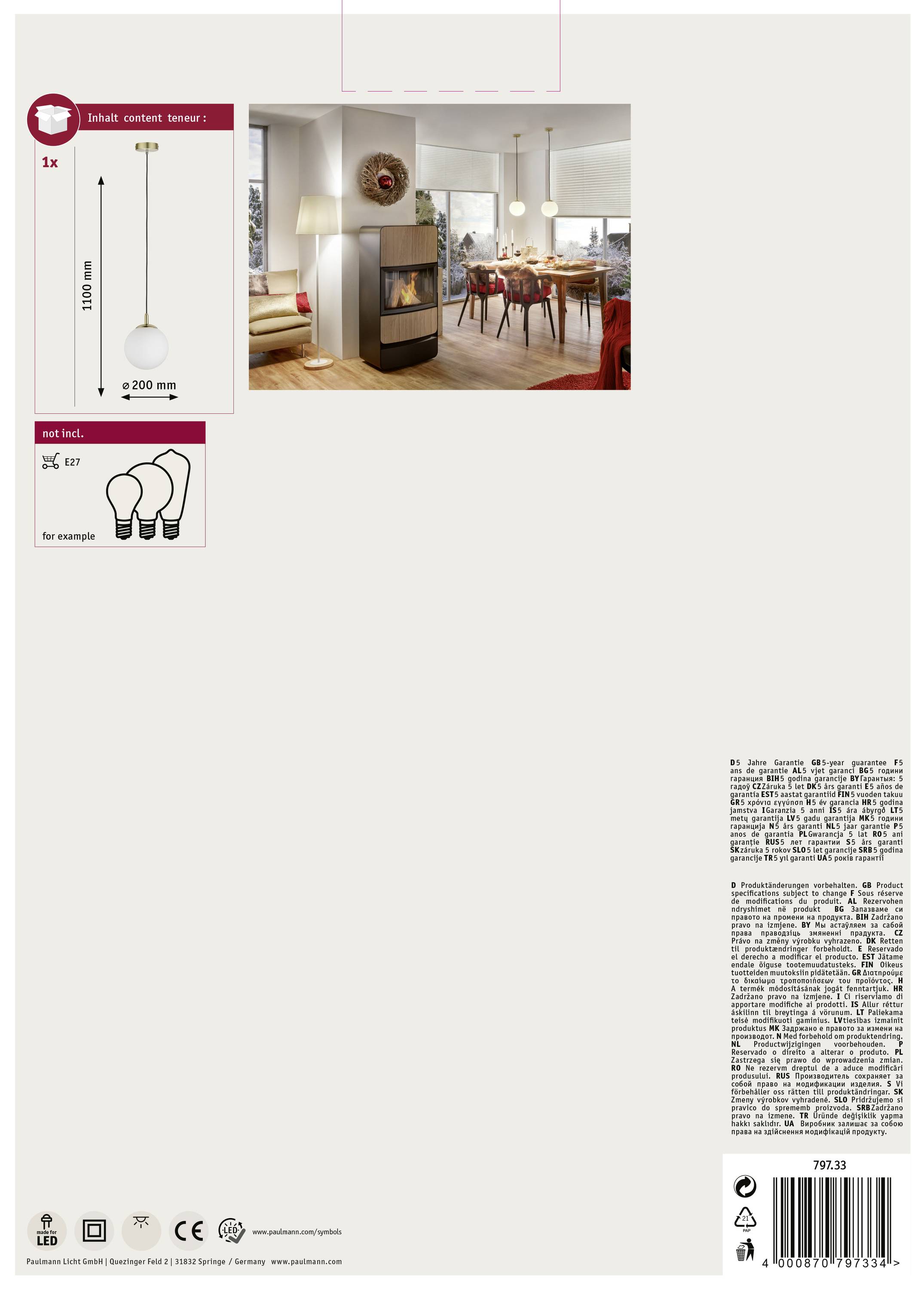 Dos de l'emballage d'une lampe LED avec une image d'un salon éclairé par la lampe. Détails techniques en haut à gauche.